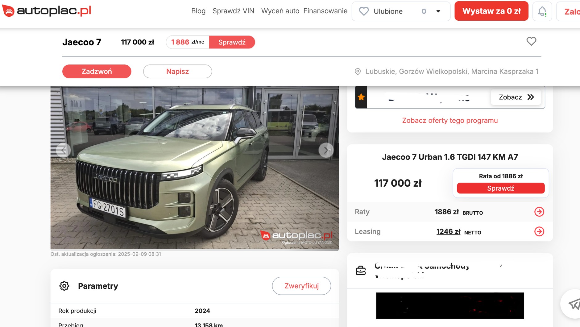 Roczne Jaecoo 7 z minimalnym przebiegiem można kupić za 117 tys. zł