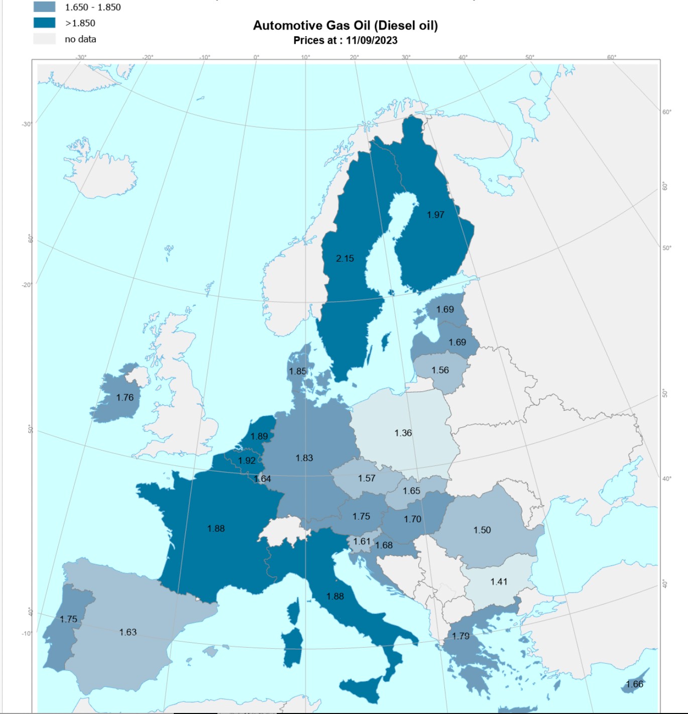 Ceny oleju napędowego na stacjach paliw w krajach UE, stan na 11 września 2023, ceny w euro