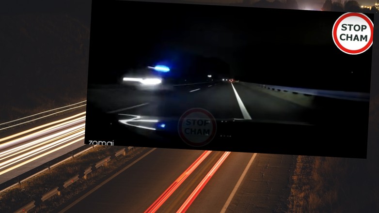 Kadr z filmu nagranego kamerką z auta jadącego po A2. Z przeciwka najpierw nadjechało pod prąd BMW, a następnie radiowóz policyjny