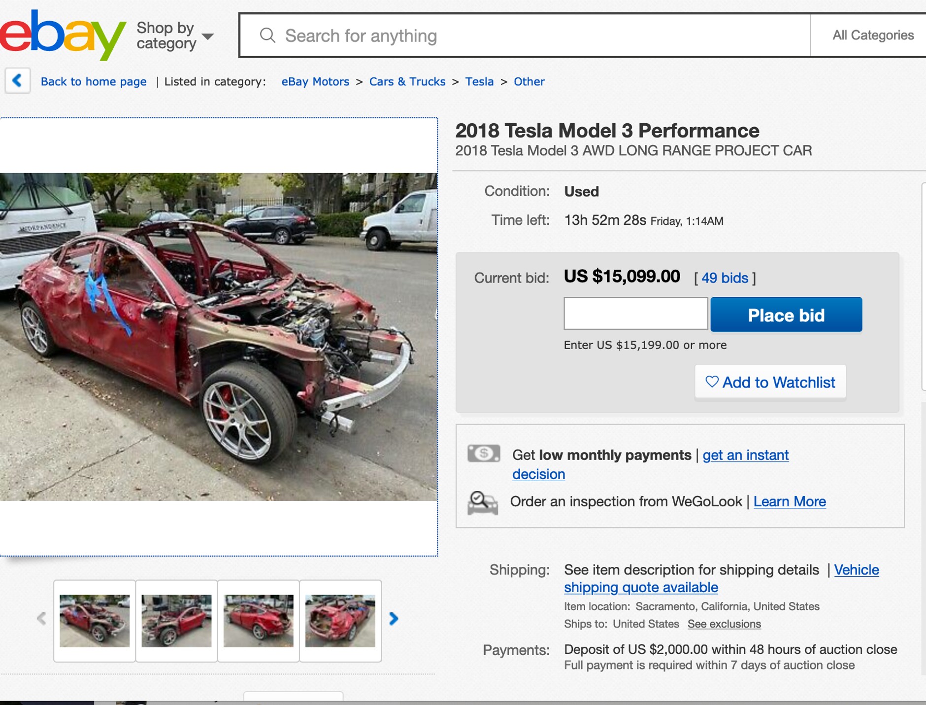 Tesla Model 3 po wypadku do sprzedania