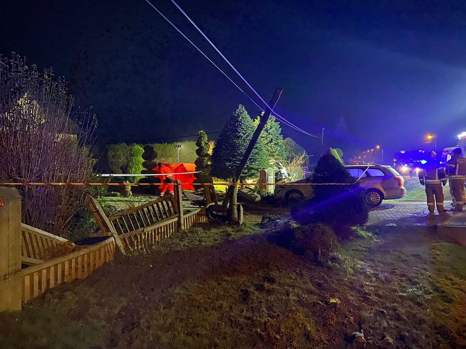 Po wypadnięciu z drogi BMW zniszczyło ogrodzenie, słup energetyczny i samochód stojący przy wjeździe na posesję