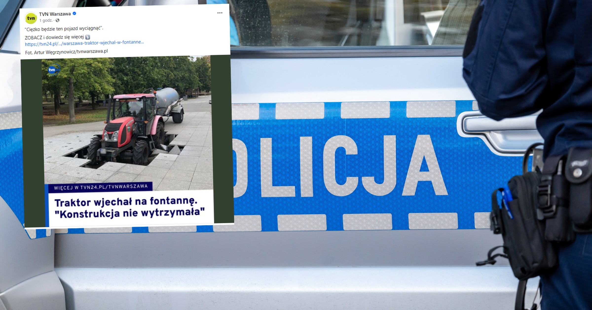 Traktor wjechał w fontannę (fot. screen: Facebook/TVNWarszawa)
