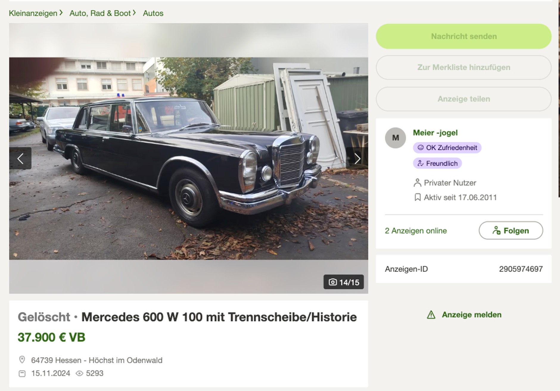 Ogłoszenie o sprzedaży Mercedesa 600 z silnikiem od mercedesa 200d