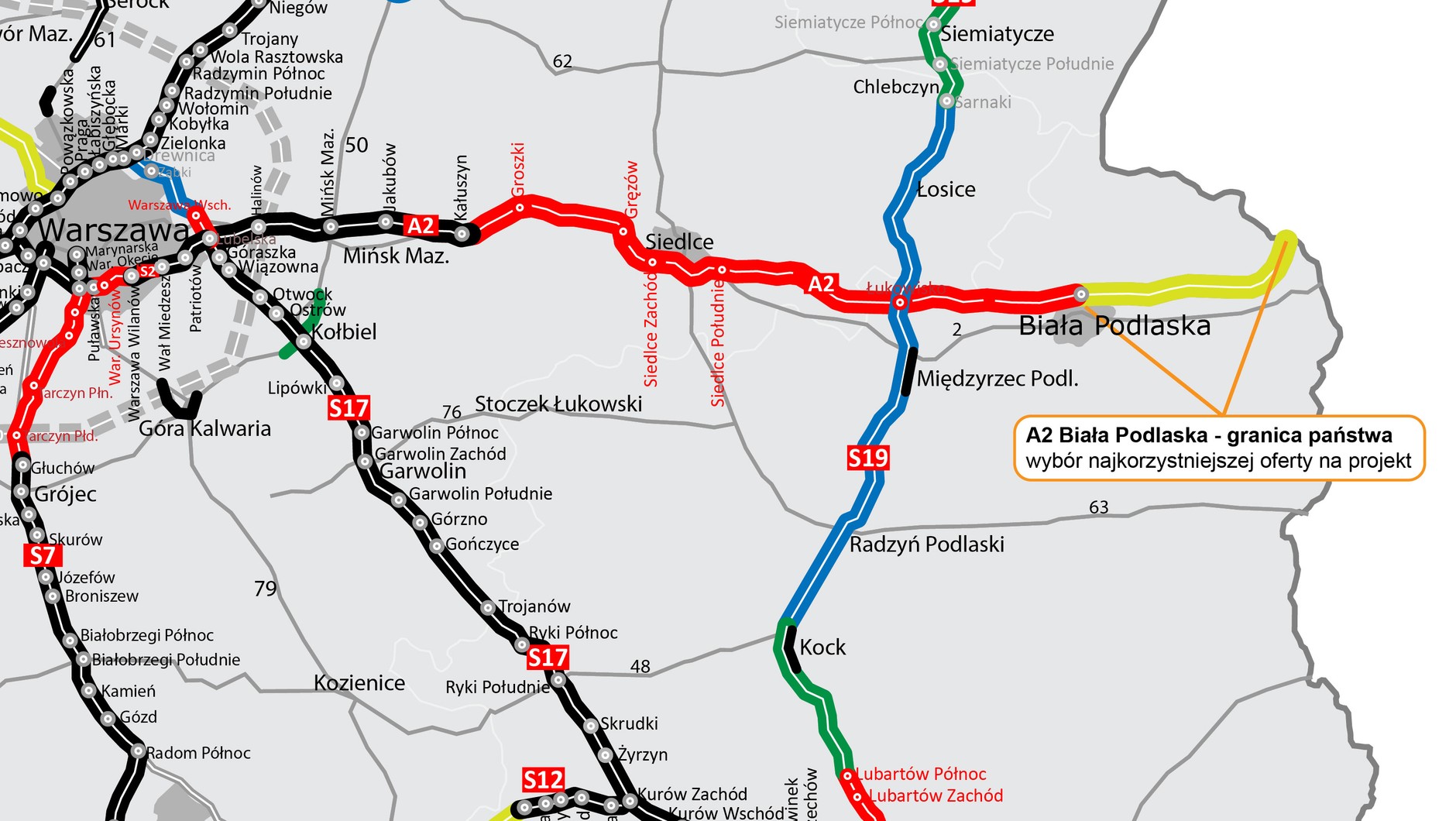 Mapka A2 pomiędzy Warszawą a granicą z Białorusią