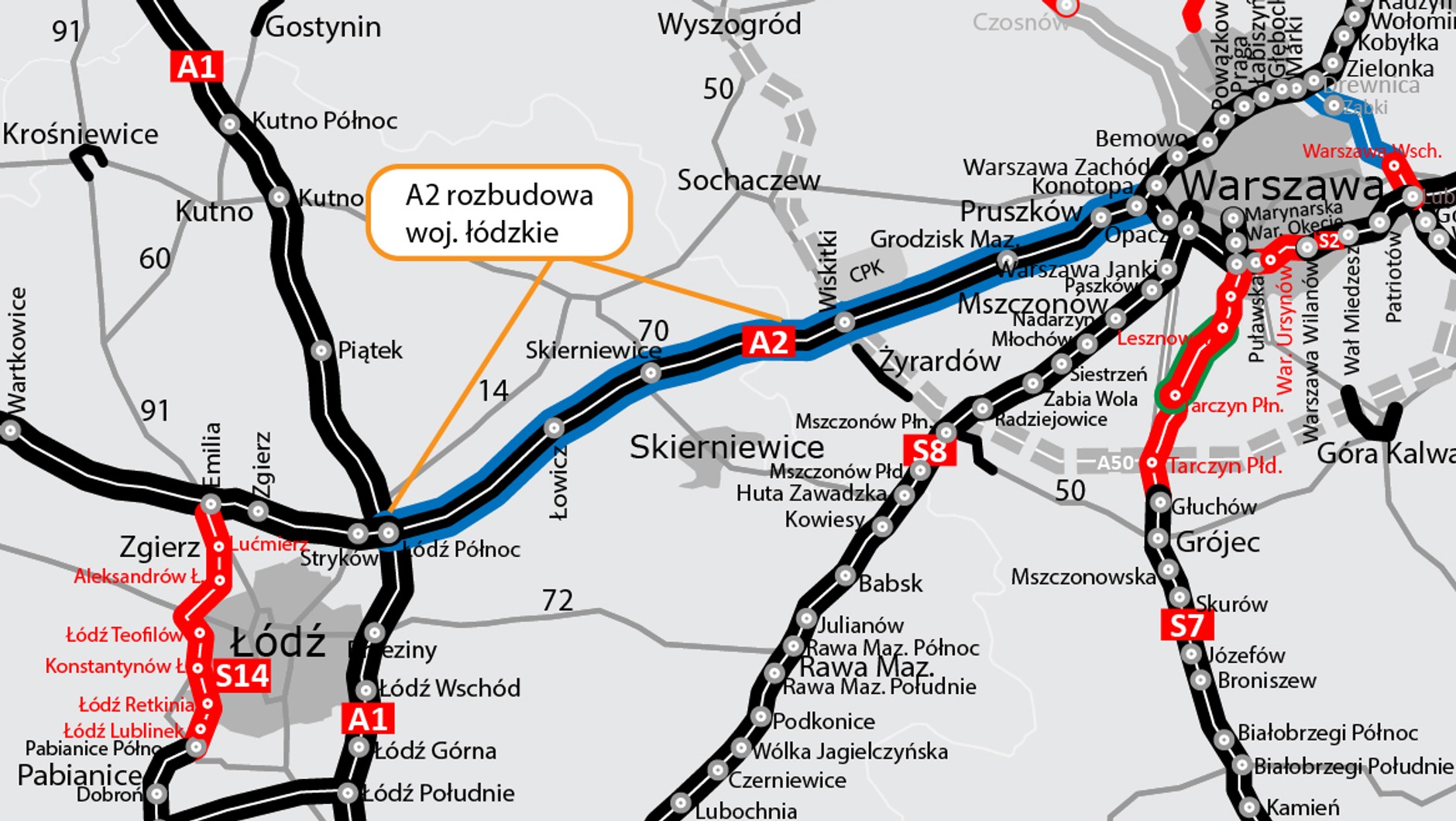 Mapa z przebiegiem poszerzanej autostrady A2