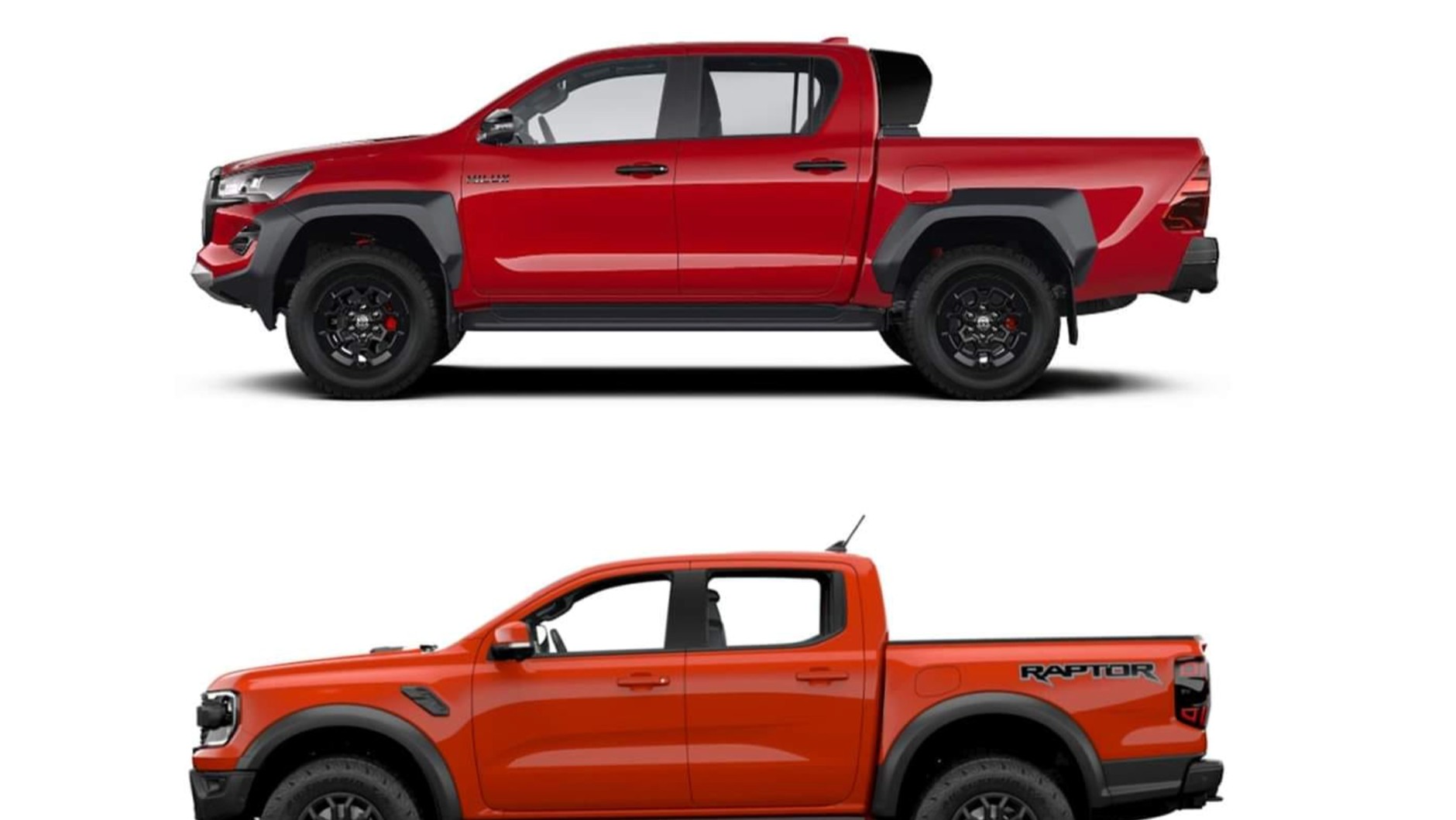 Toyota Hilux GR SPORT i Ford Ranger Raptor prezentują się bojowo – rozmiary obu aut są bardzo podobne.