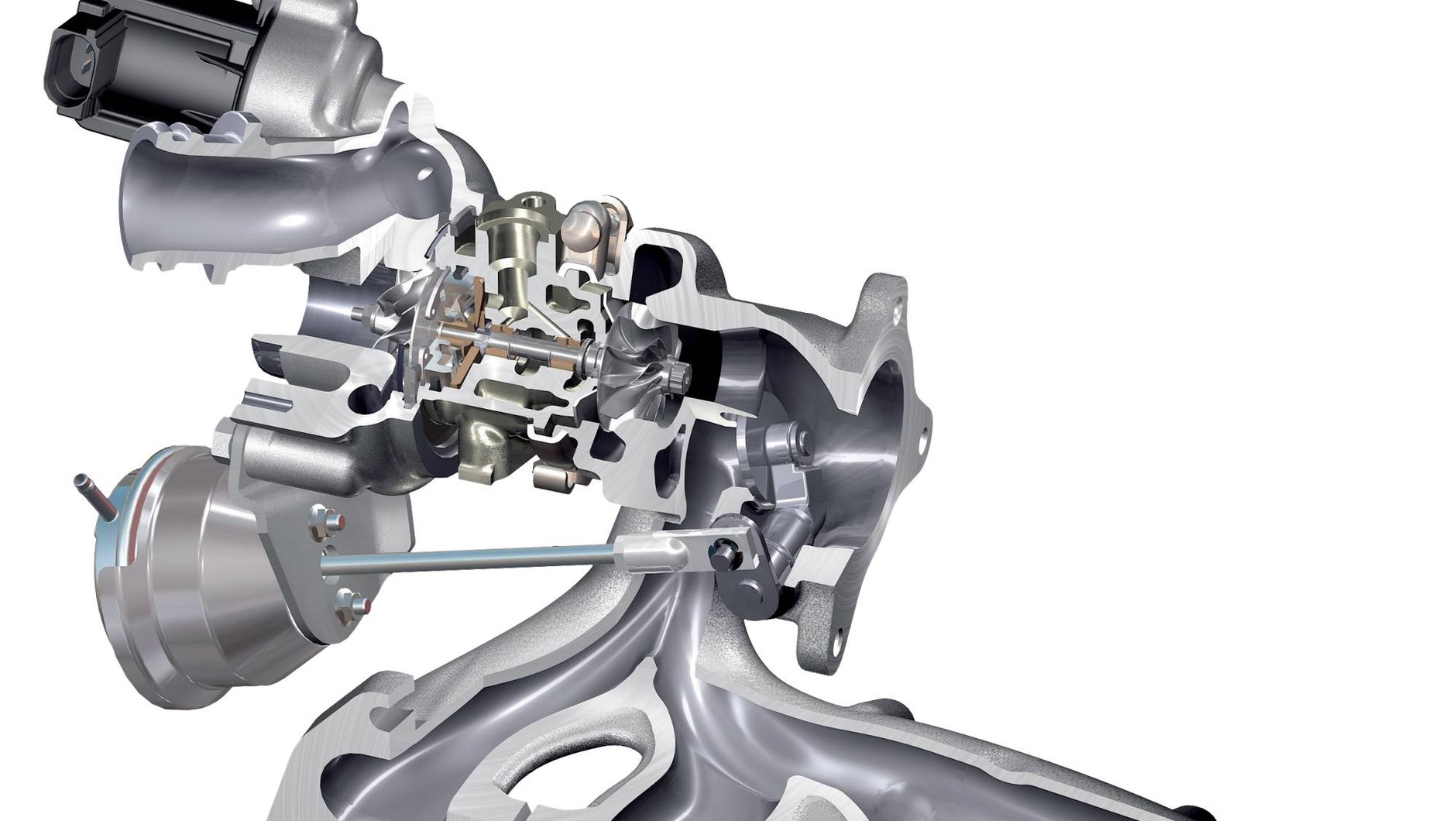 Przekrój przez prostą turbosprężarkę ze stałą geometrią. Ostatnio zmienna geometria, sterowana już raczej nie podciśnieniem, lecz elektronicznie, pojawia się też w benzyniakach.