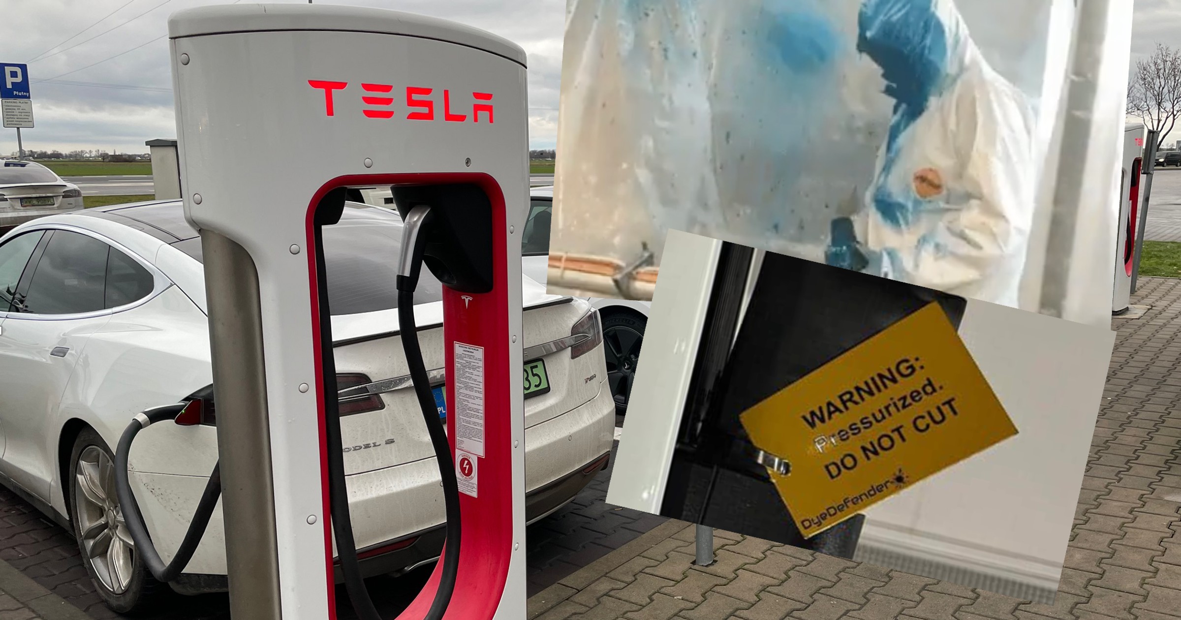 Tesla testuje kable w osłonce wypełnionej barwnikiem