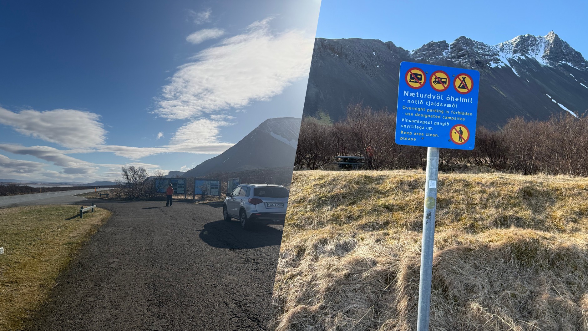 Na parkingach przydrożnych nie wolno biwakować, zostawać na noc. Islandczycy bardzo dbają o przyrodę i porządek
