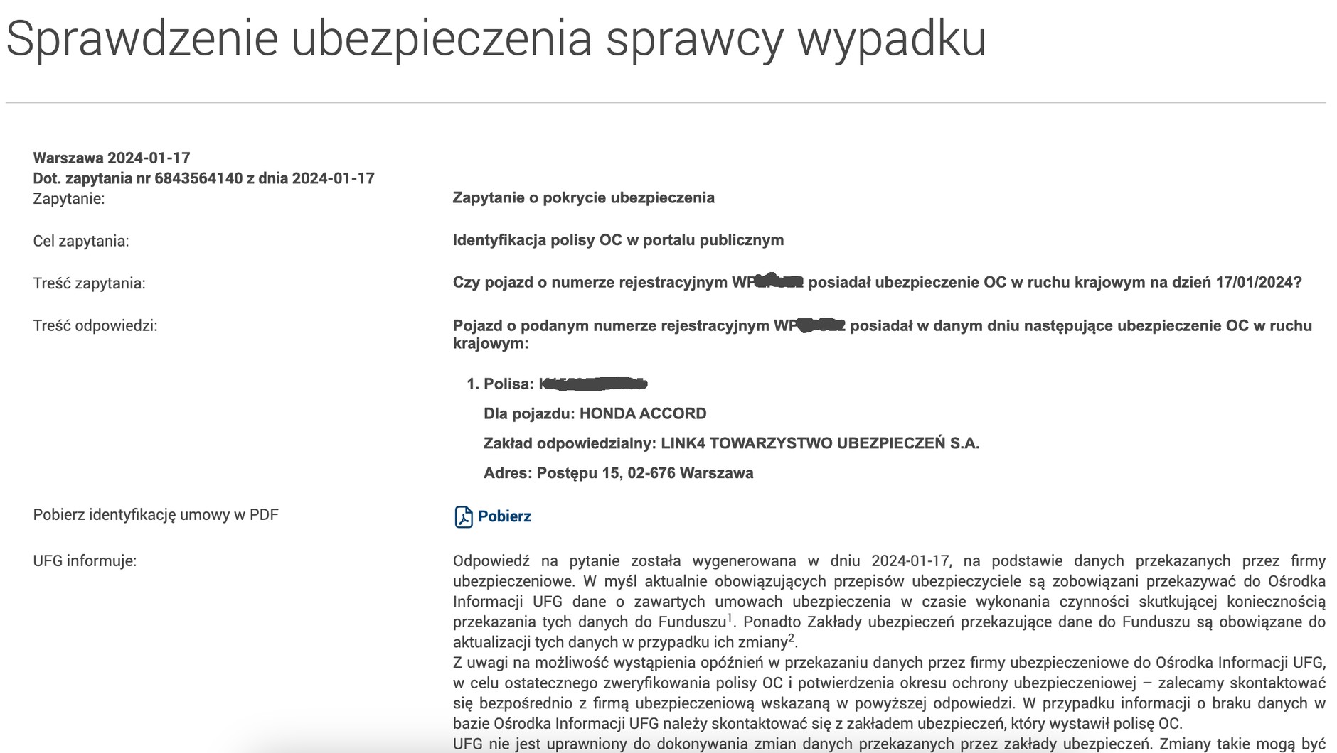 Sprawdzenie ważności OC pojazdu