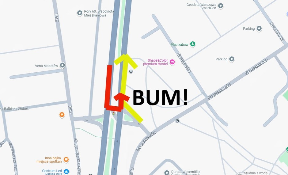 Stłuczka (zdj. ilustracyjne). Zrzut ekranu z Google Maps z ilustracją zdarzenia