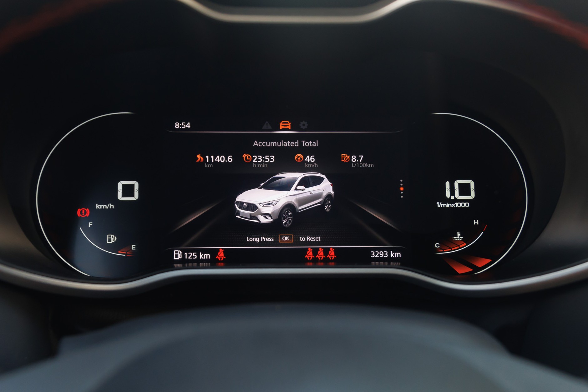 MG ZS — spalanie w cyklu mieszanym podczas całego testu (800 km na drogach pozamiejskich)