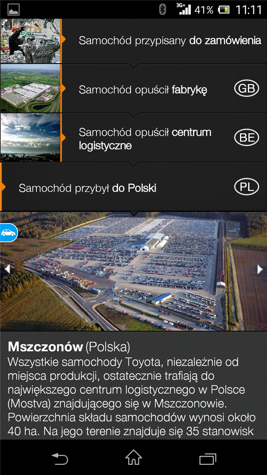 Aplikacja Moja Toyota: dane o centrum logistycznym