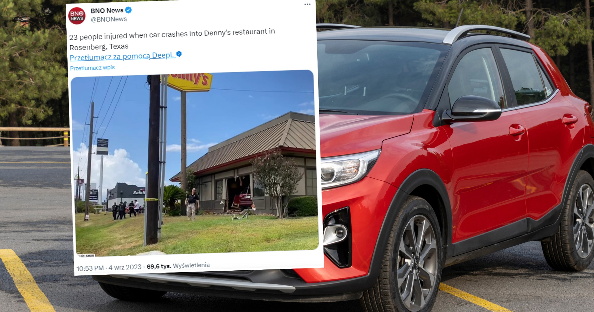 SUV wbił się w ścianę restauracji (fot. screen: twitter.com/@BNONews)