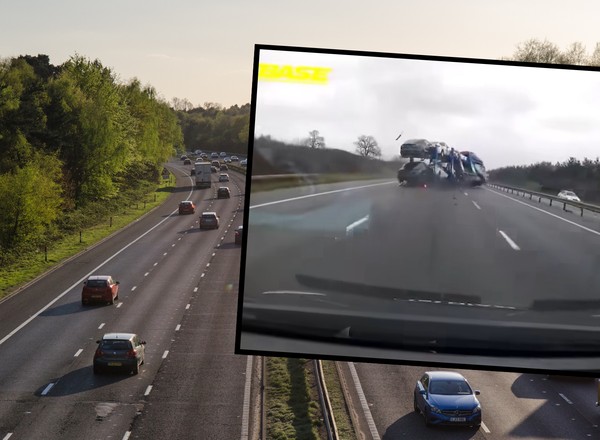Laweta z nowymi Teslami przebiła barierkę na autostradzie. Kierowcy mogą mówić o szczęściu [WIDEO]