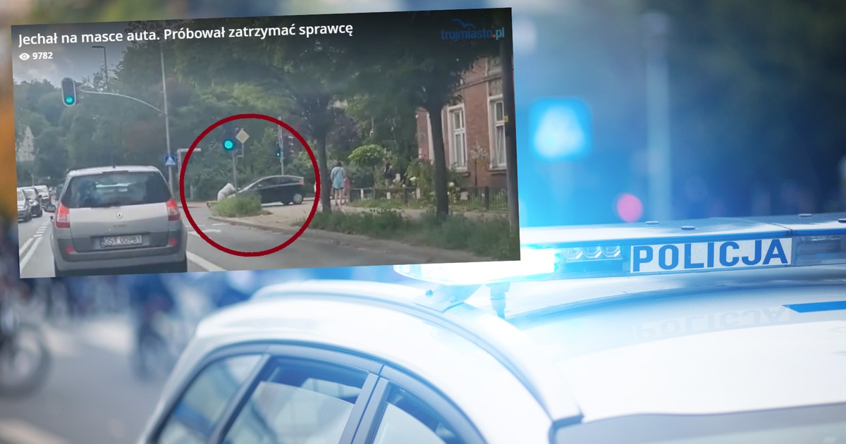 Dramatyczne nagranie z Gdańska Jechał na masce samochodu (fot. screen: tv.trojmiasto.pl)