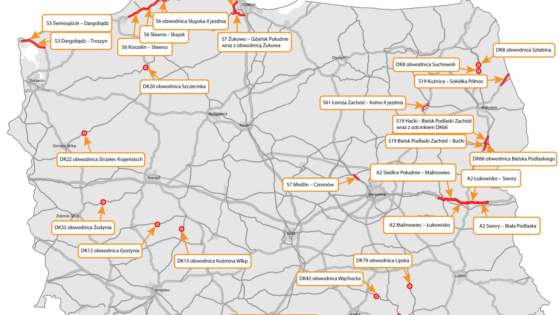 Mapa odcinków, które GDDKiA planuje oddać do ruchu w 2025 r