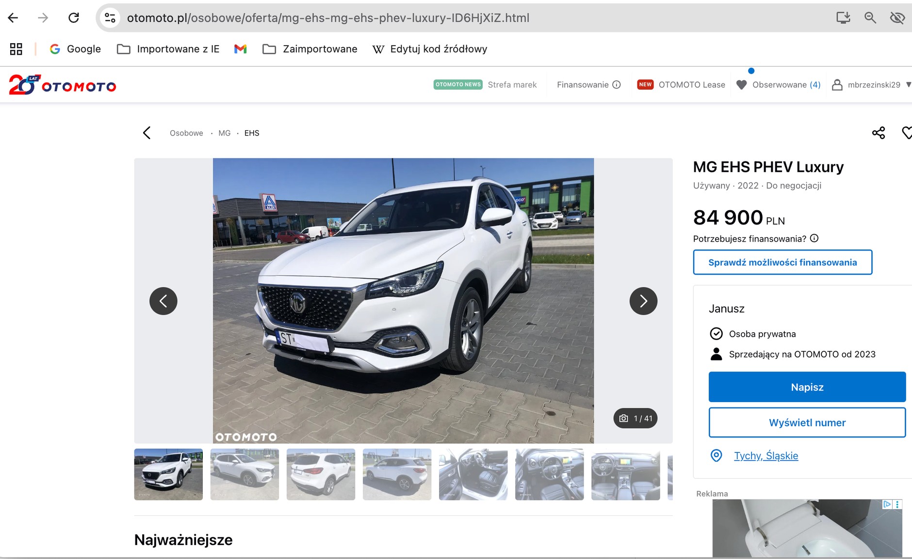 MG HS PHEV z 2022 roku w ogłoszeniu