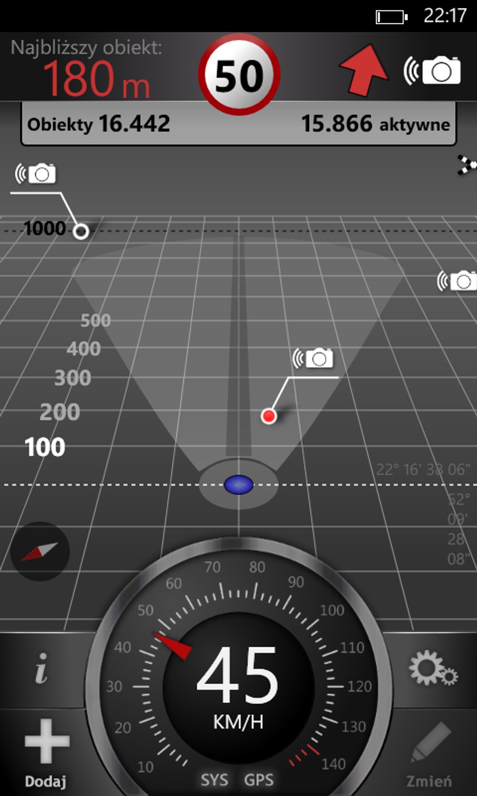 Trzeba przywyknąć do specyficznego wyglądu aplikacji. I dość charakterystycznego rozwiązania: AutoRadar nie zawiera tradycyjnej mapy jaką znamy z nawigacji.