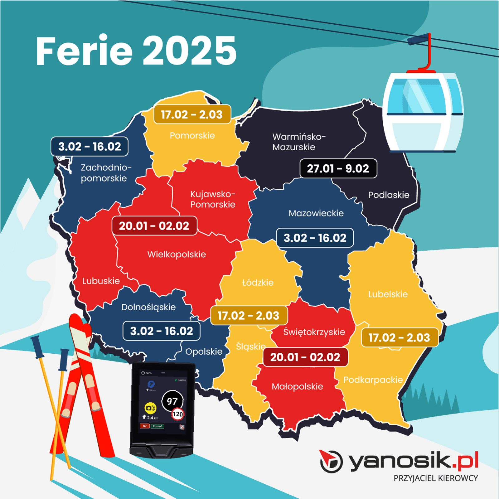 Terminy ferii w 2025 r. (mapa)