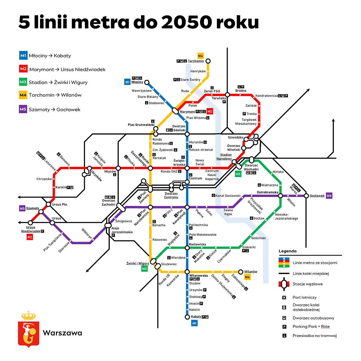 Masterplan pięć linii metra do 2050 roku graf UM Warszawa