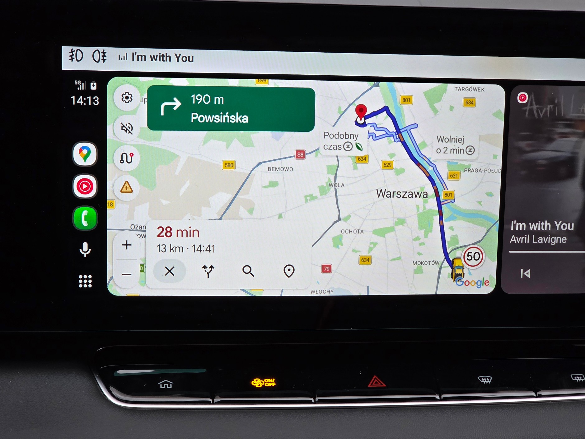 Google Maps w Android Auto, widok całej trasy