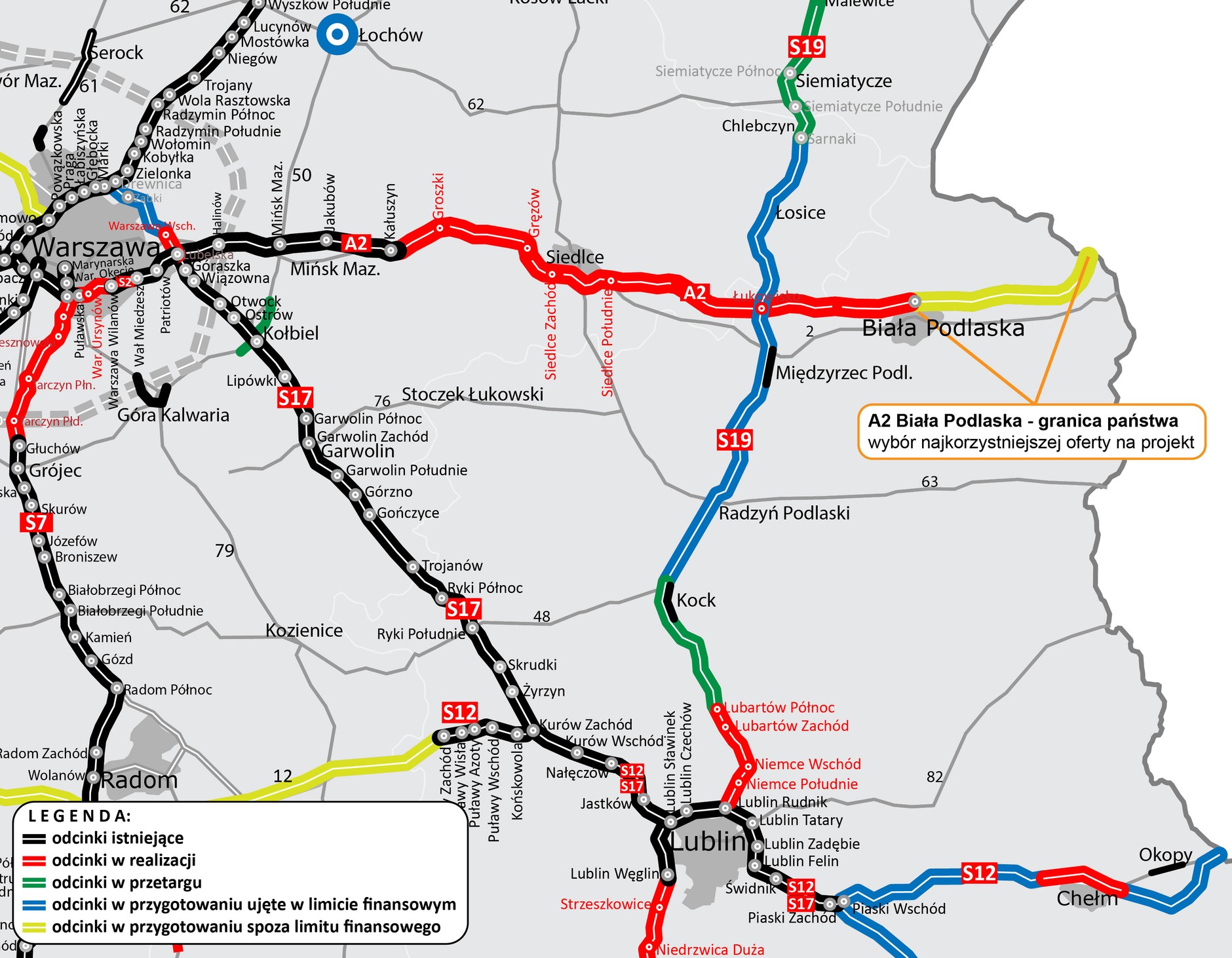 Mapka A2 pomiędzy Warszawą a granicą z Białorusią