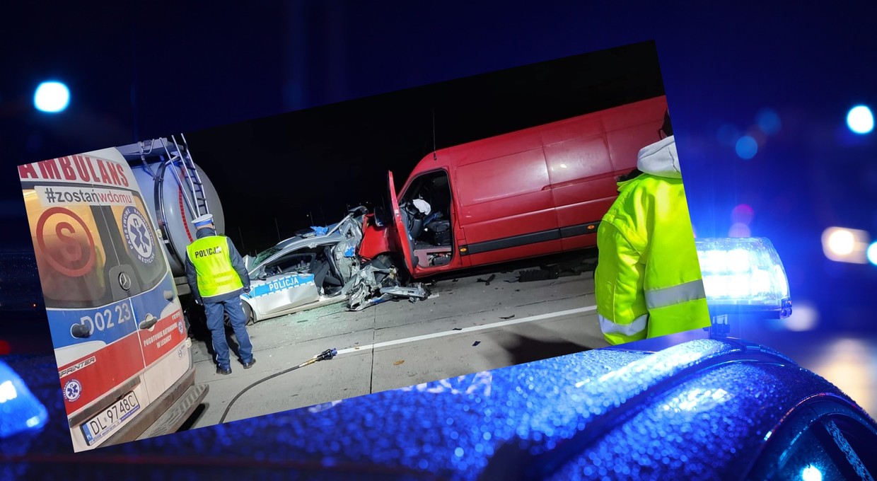 Radiowóz zmiażdżony na autostradzie A4. Dostał się między ciężarówkę a auto dostawcze