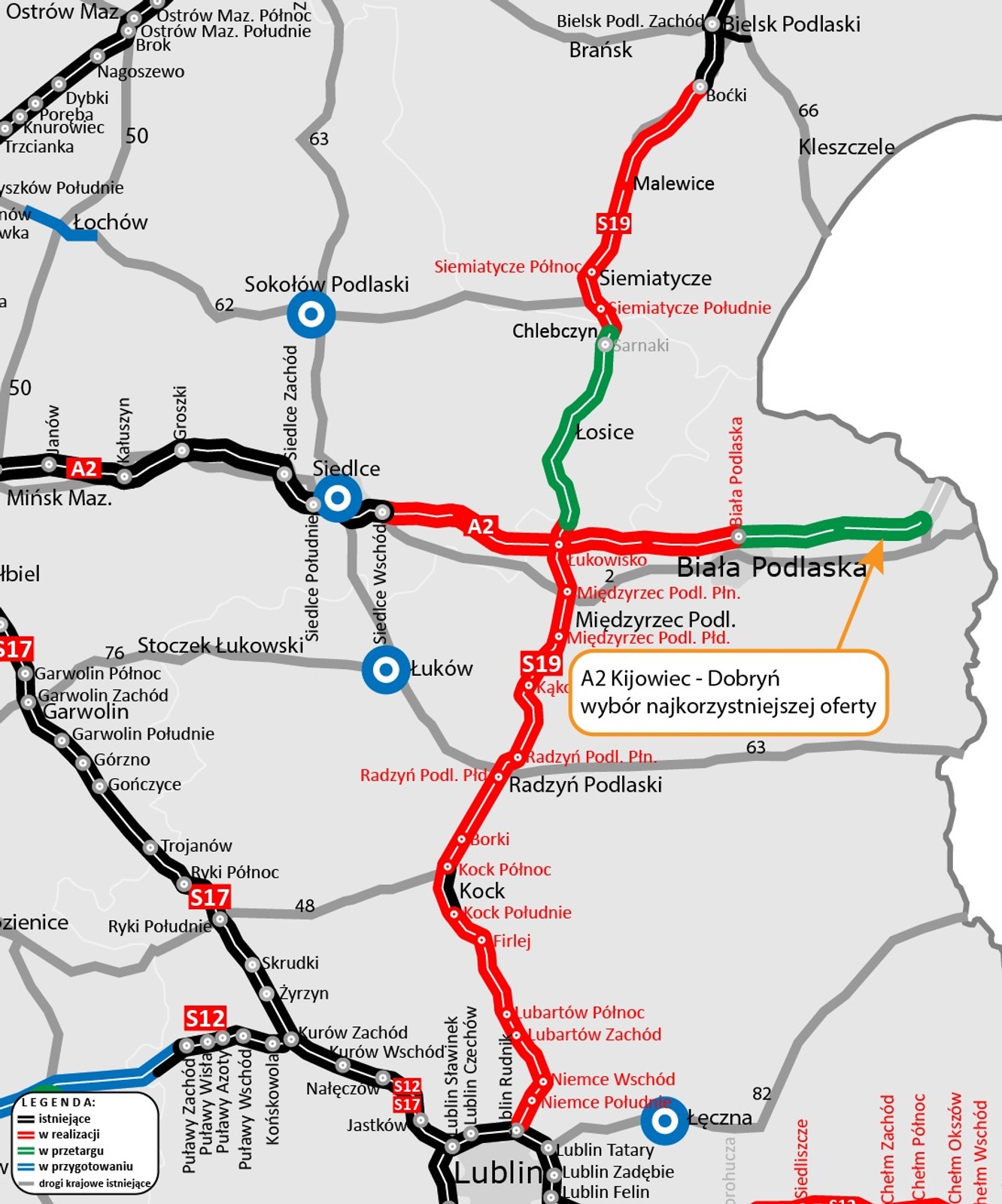 Autostrada A2 - mapa rejonu Lublina z odcinkiem A2 Kijowiec-Dobryń