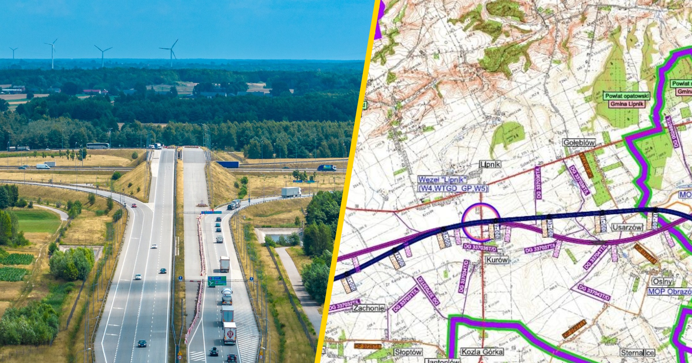 Droga S74 pomiędzy Opatowem (Okalina Kolonia) a Lipnikiem - mapa