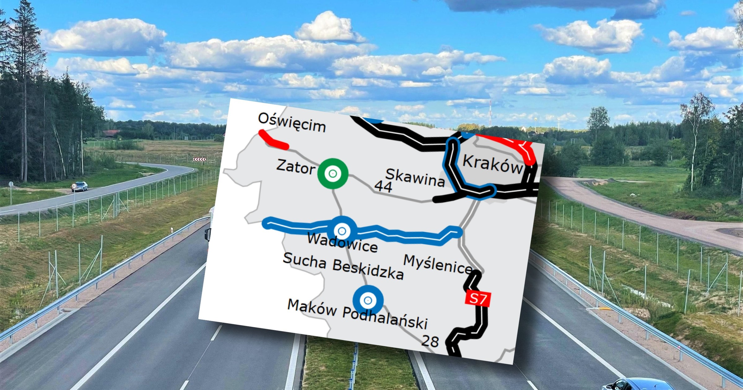 Droga ekspresowa (zdjęcie poglądowe) z mapą trasy S52