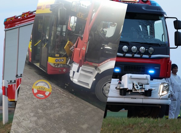 Zderzenie autobusu miejskiego z wozem strażackim w Łodzi. Trzy osoby ranne [WIDEO]