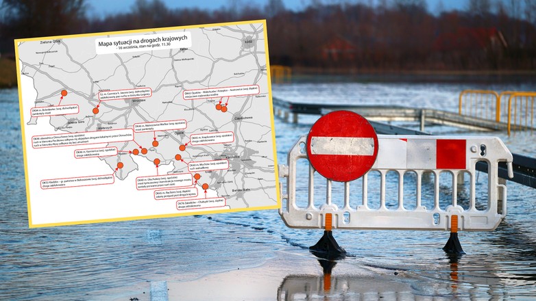 Mapa utrudnień na drogach spowodowanych przez powódź na południu Polski (screen: GDDKiA/X)