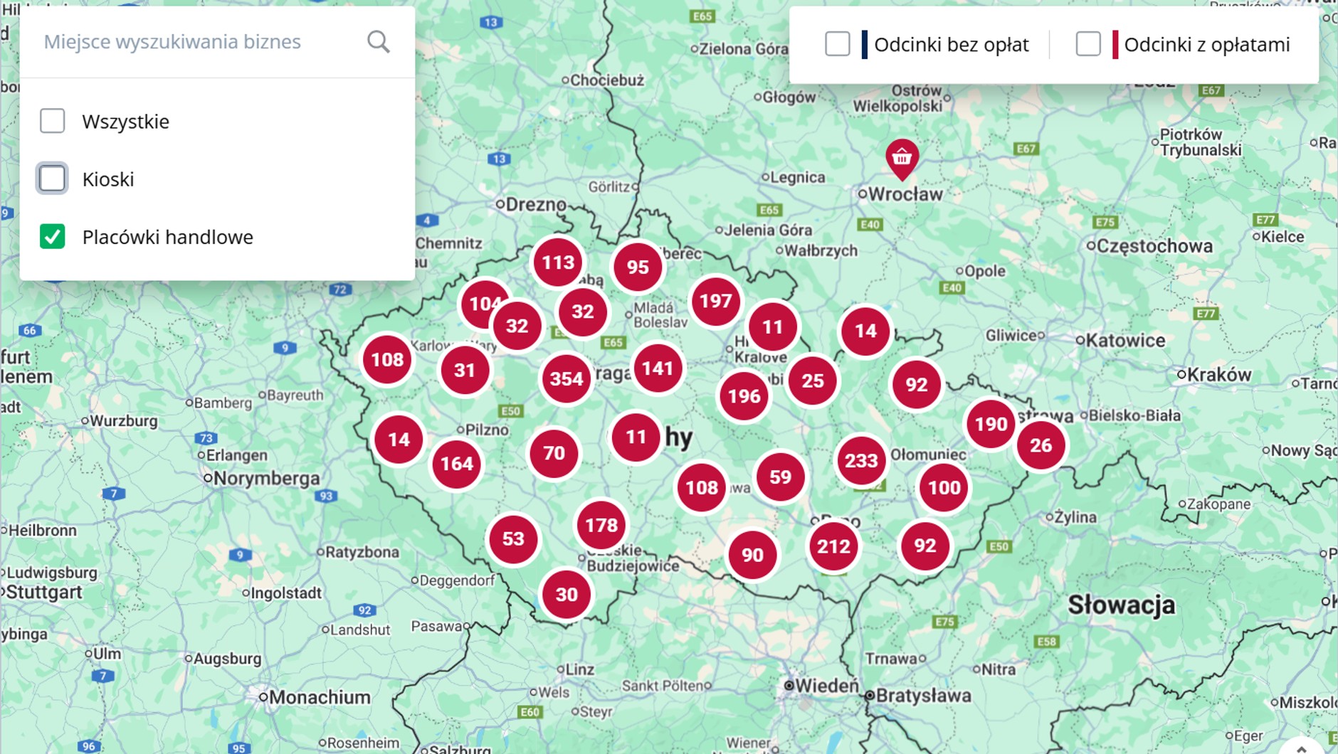 Mapa punktów sprzedaży winiet w Czechach