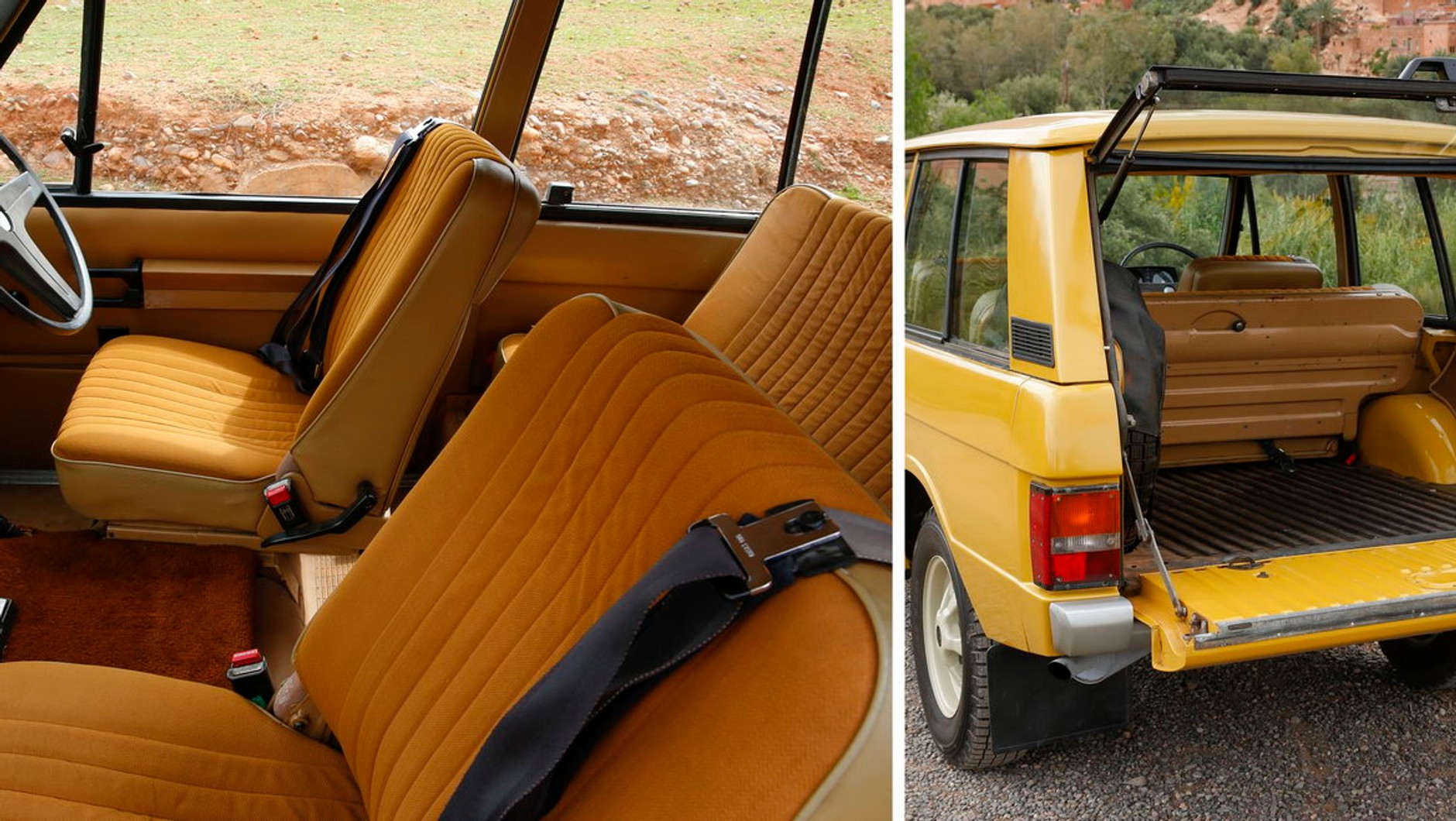 Range Rover I/Classic:
tak wyglądało eleganckie wnętrze z lat 70. Brak zagłówków, ubogie wyposażenie (jak na obecne standardy). Ale jaki klimat!