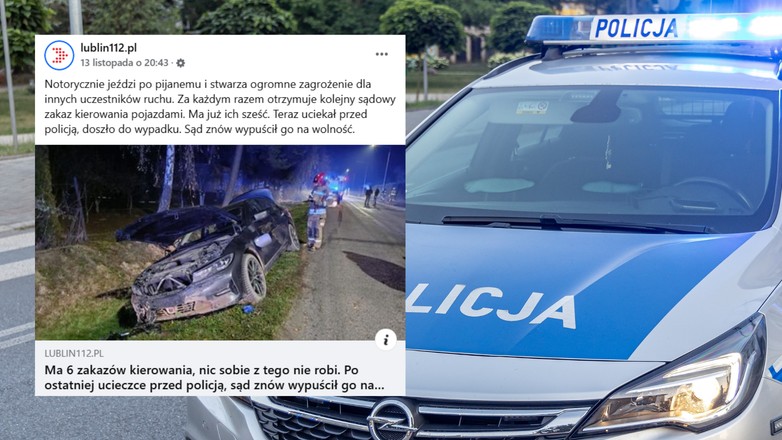 Ma sześć zakazów prowadzenia auta. Sąd nadal nie chce go aresztować (fot. screen: facebook.com/@lublin112)