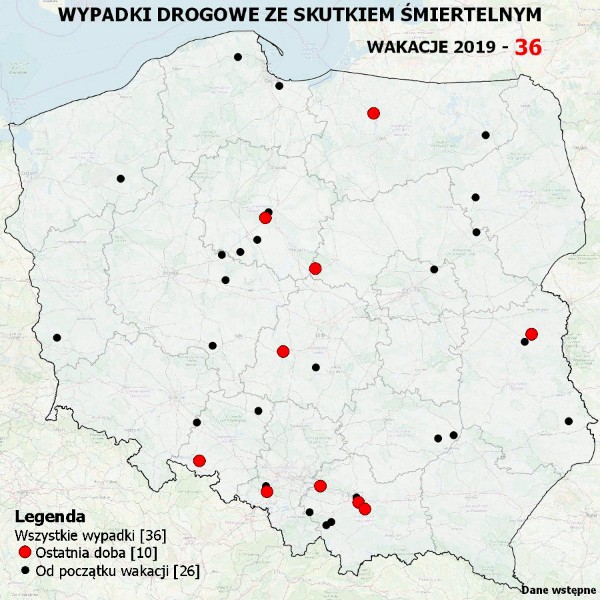 Mapa wypadkó drogowych ze skutkiem miertelnym – WAKACJE 2019 (2019-06-24)