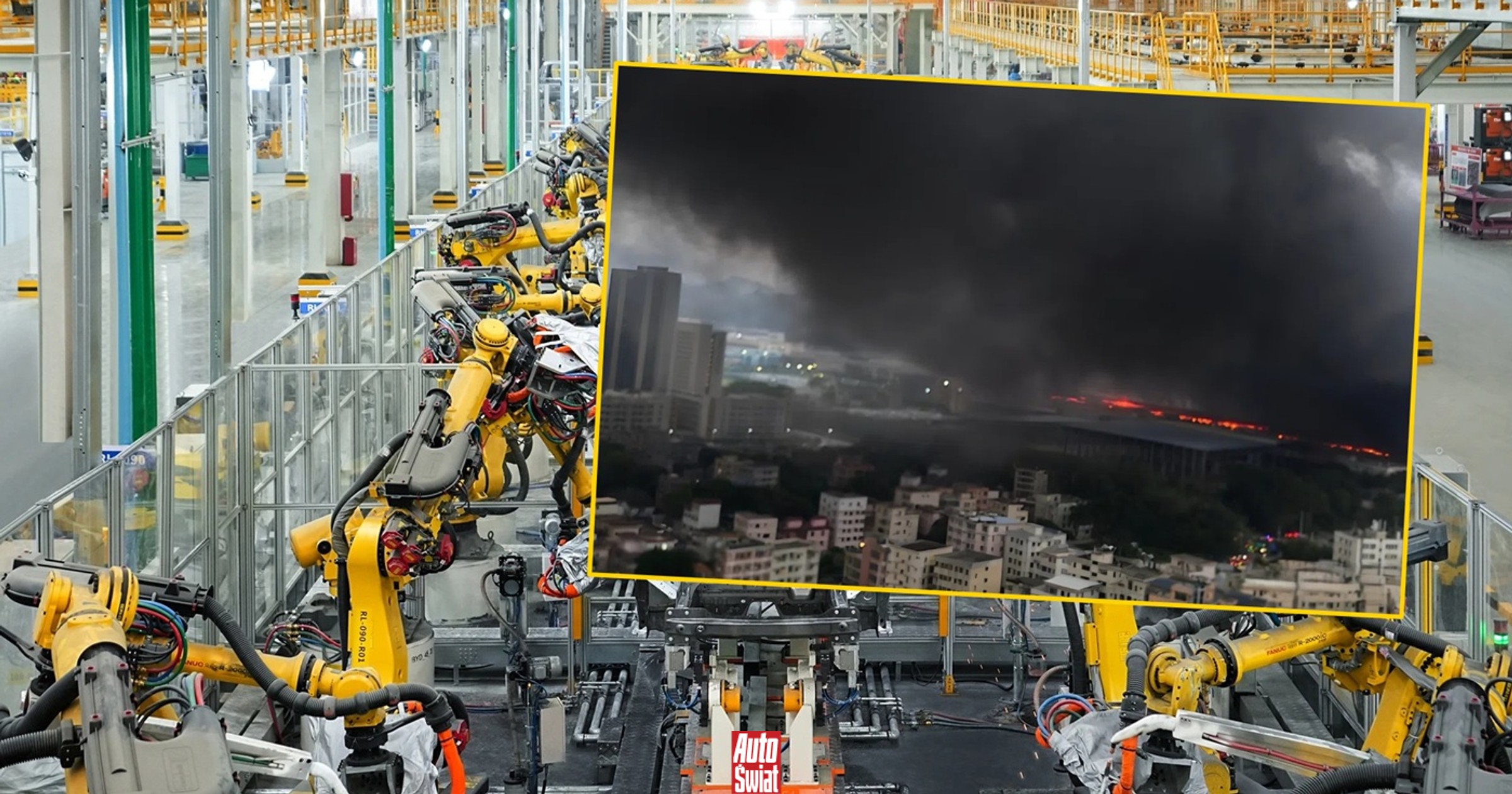 Wielki pożar w fabryce BYD w Chinach. Chmura czarnego dymu zawisła nad miastem