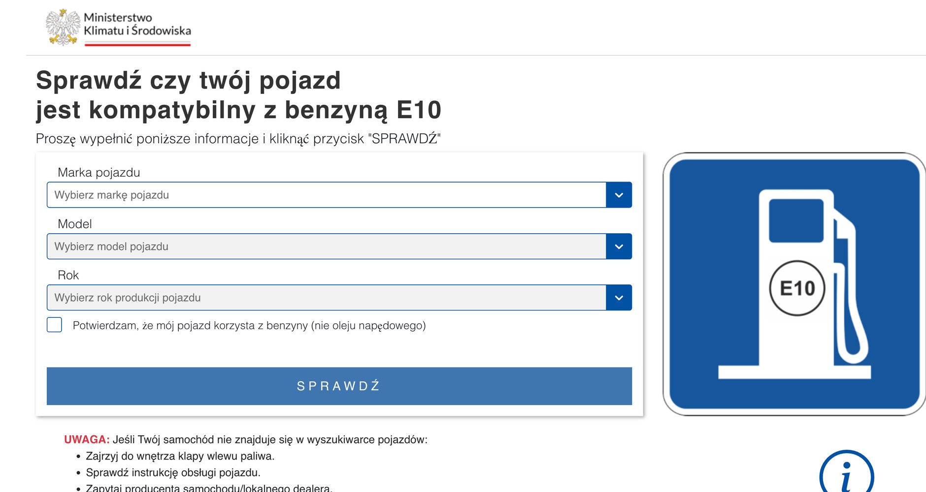 Ministerstwo udostępnia wyszukiwarkę pozwalającą ocenić, czy nasz samochód może jeździć na benzynie E10 – warto zajrzeć na stronę https://e10.klimat.gov.pl/
