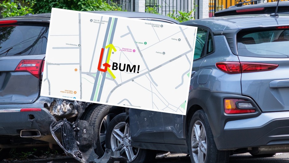 Stłuczka (zdj. ilustracyjne). Zrzut ekranu z Google Maps z ilustracją zdarzenia