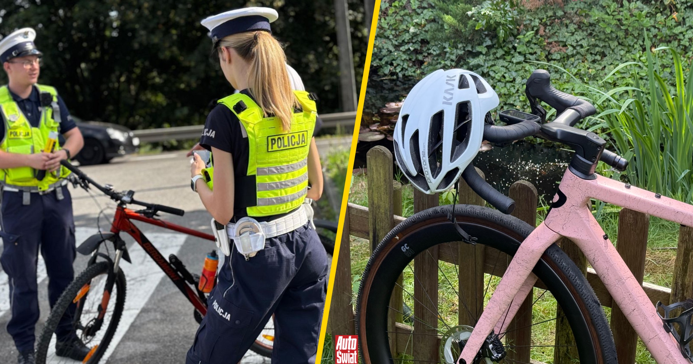 Ciclisti in strada con luci e segnalatori, polizia controlla l'equipaggiamento obbligatorio