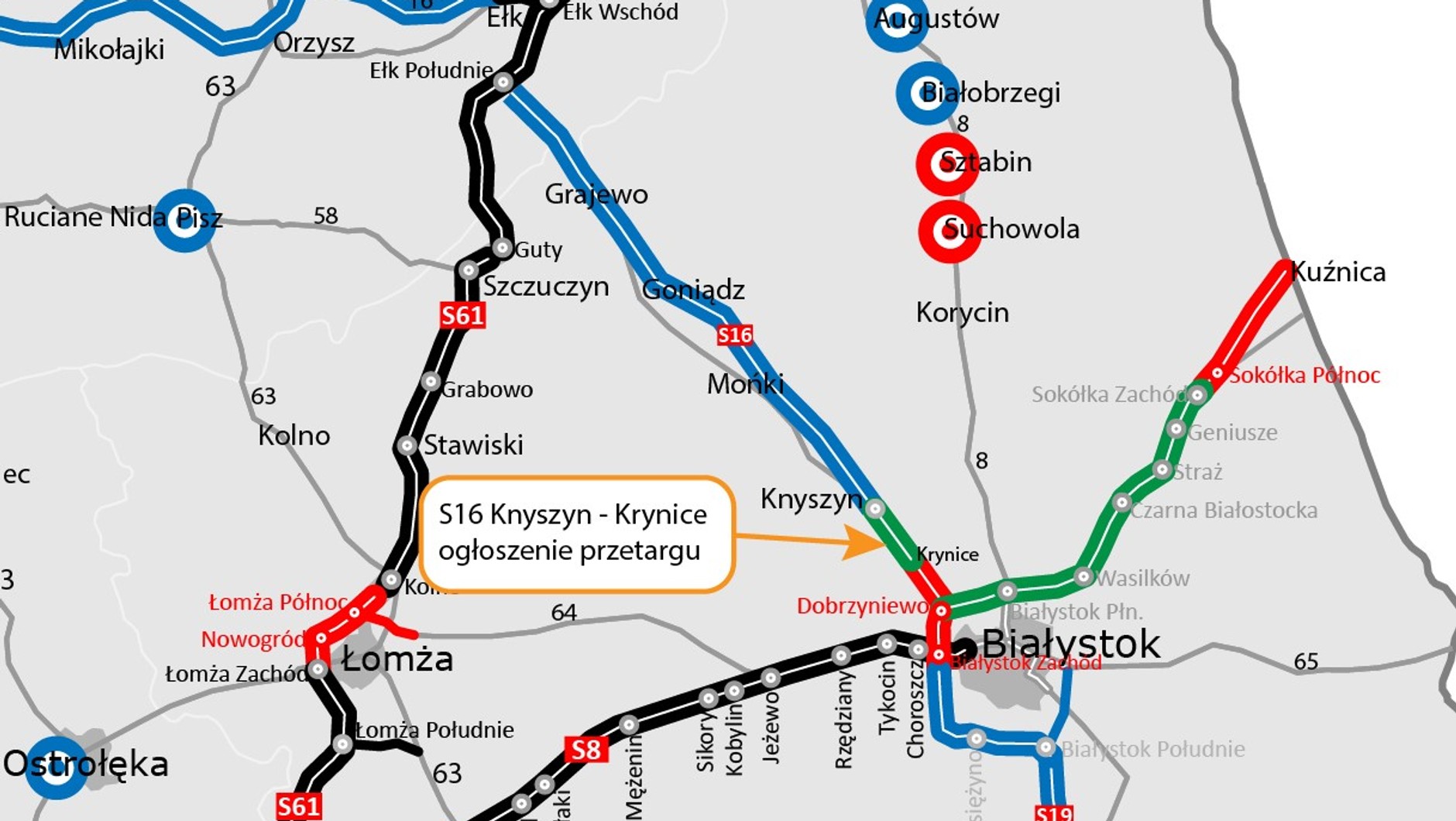 Przetarg na pierwszy odcinek S16 na Podlasiu (mapka)