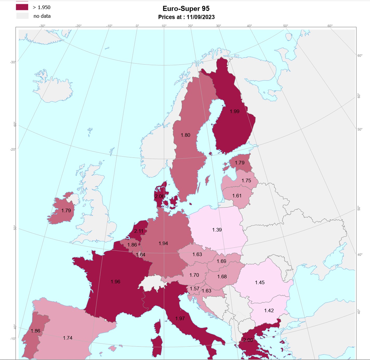 Ceny benzyny 95 na stacjach paliw w krajach UE, stan na 11 września 2023, ceny w euro