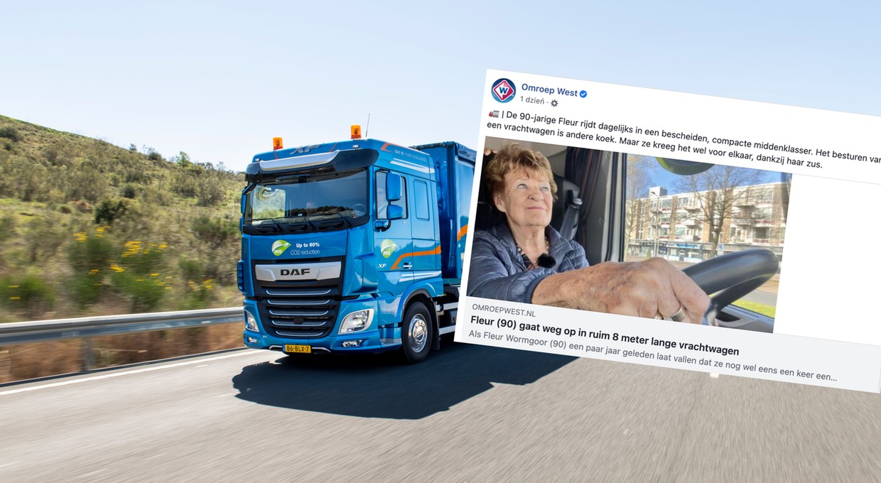 Pani Fleur za kierownicą wielkiej ciężarówki. Uwagę zwraca jej wiek