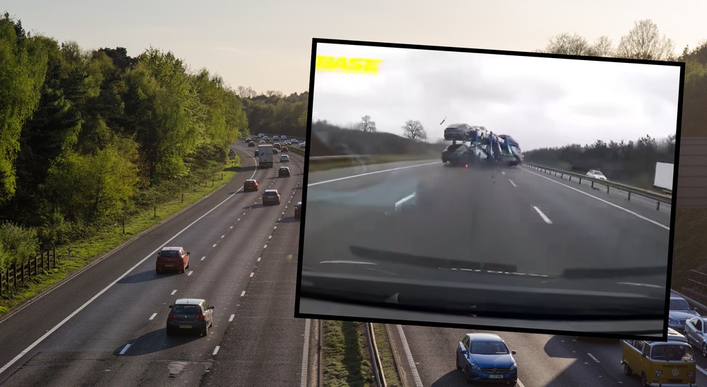 Ciężarówka przewożąca Tesle wywróciła się na autostradzie M3 w Wielkiej Brytanii (screen: scott.mills.566/Facebook)