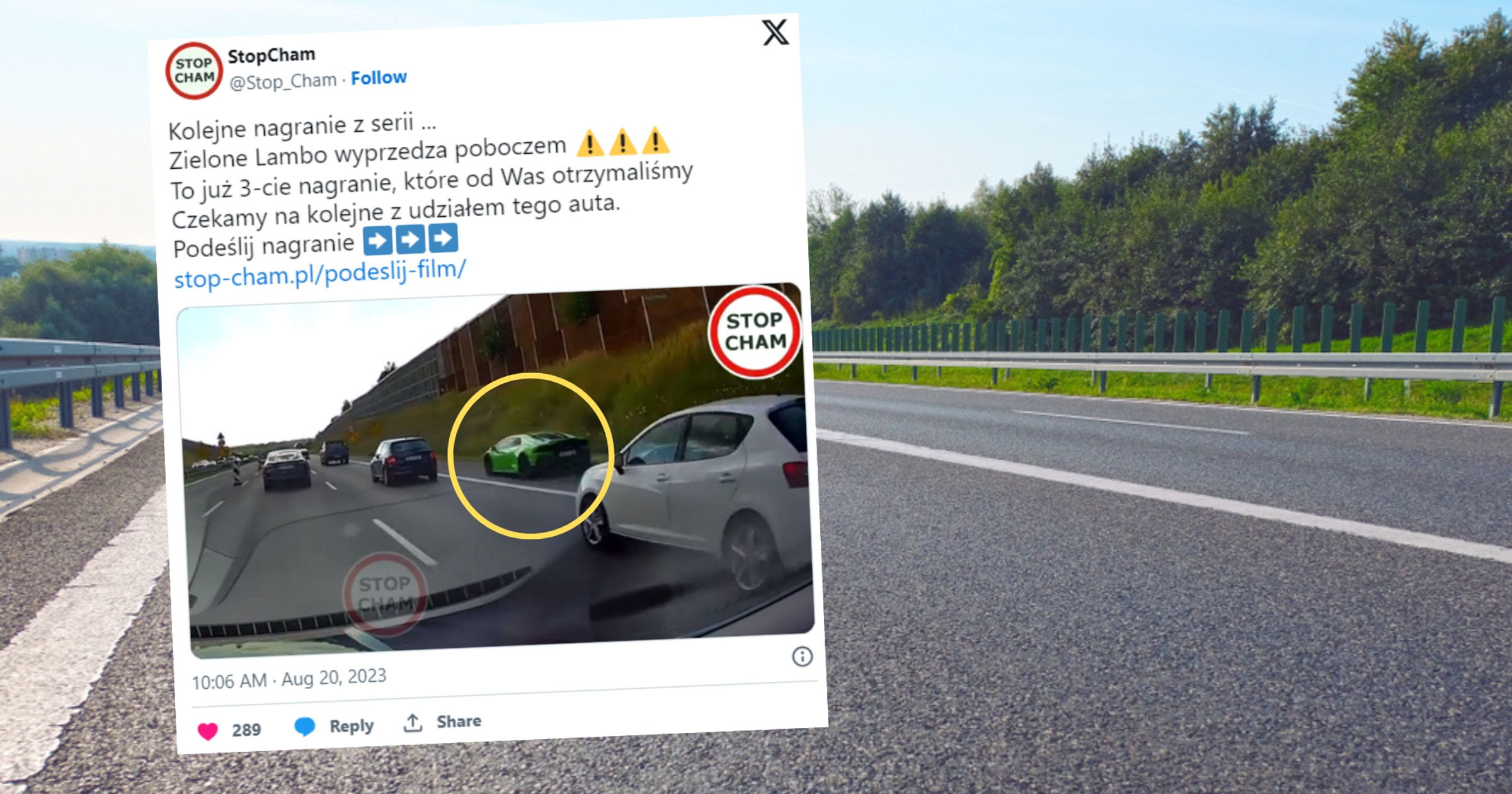 Zielone Lamborghini Huracan łamie przepis za przepisem (Screen: Twitter.com/@Stop_Cham)