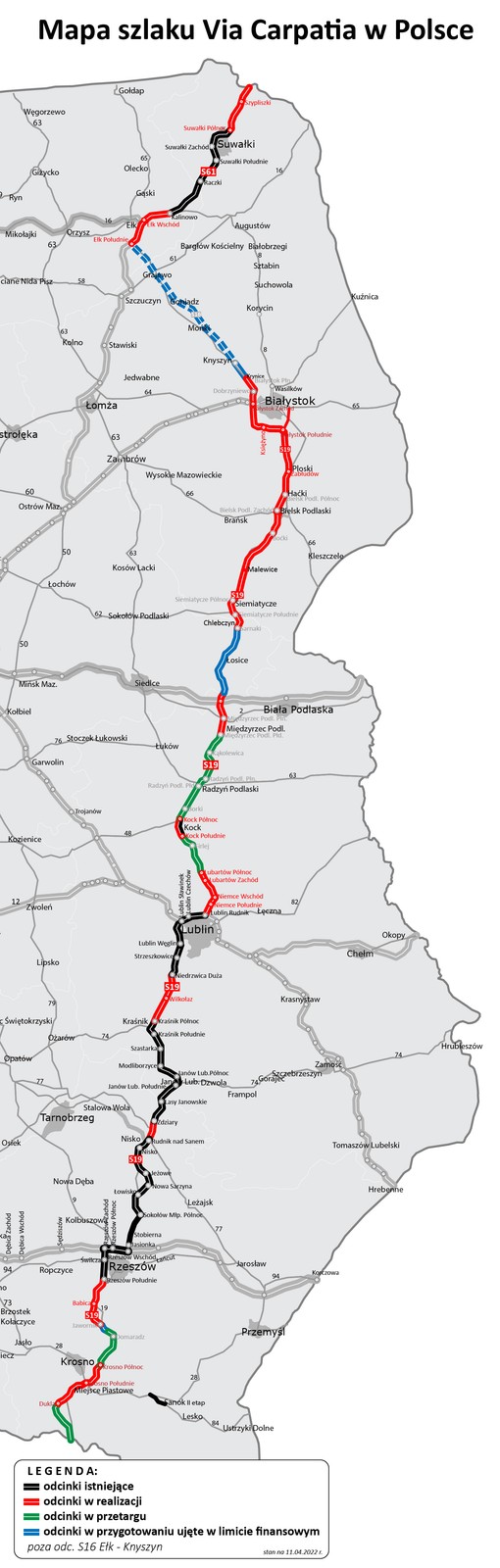 Mapa szlaku Via Carpatia w Polsce