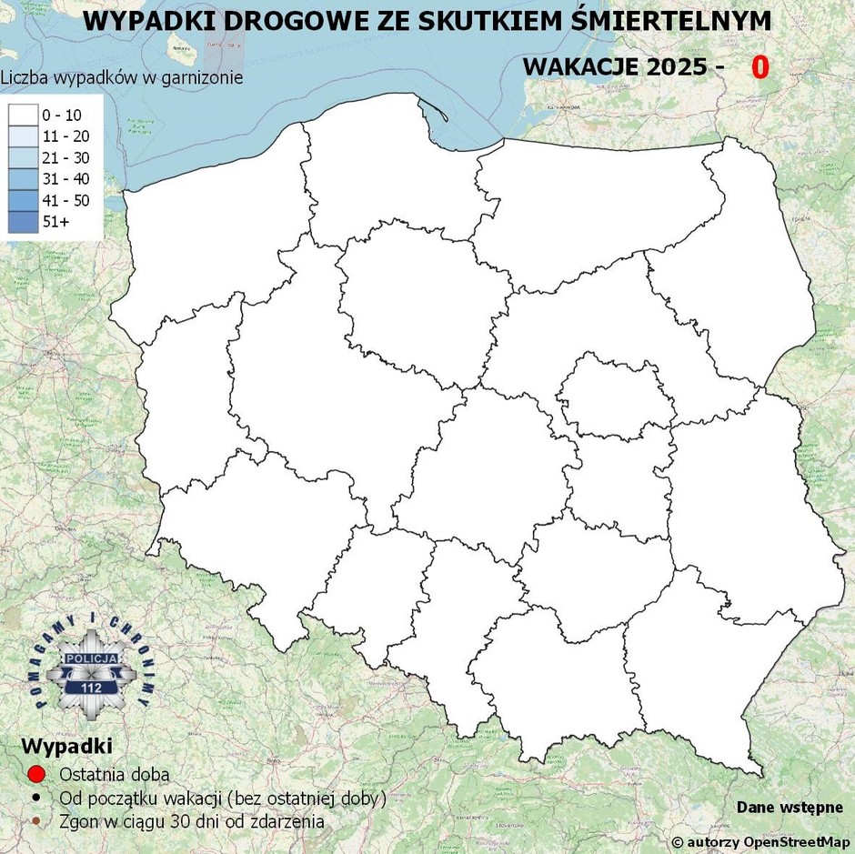 Policyjna mapa wypadków drogowych ze skutkiem śmiertelnym Wakacje 2025 w dniu startu akcji