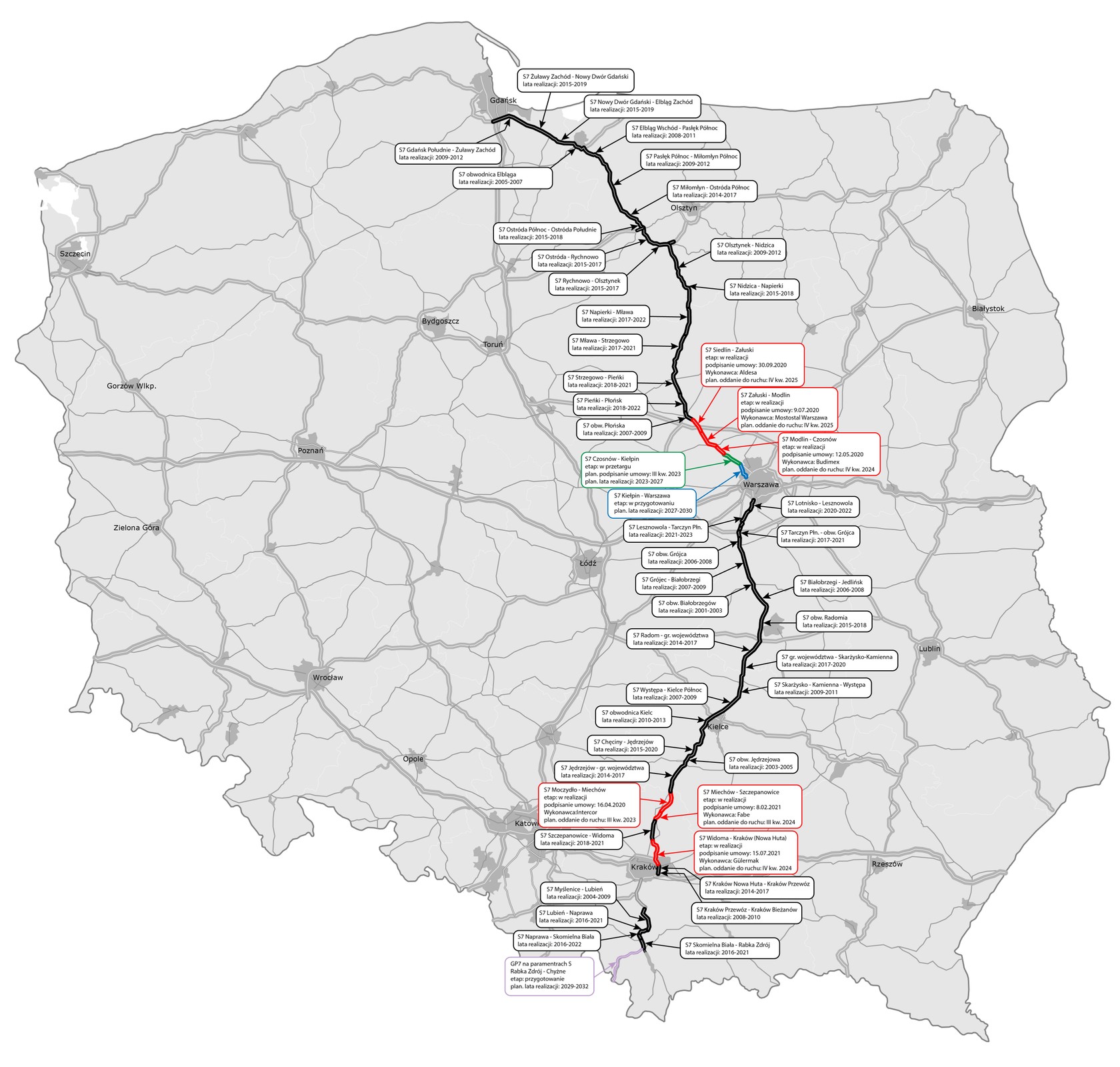 Mapa z przebiegiem drogi ekspresowej S7