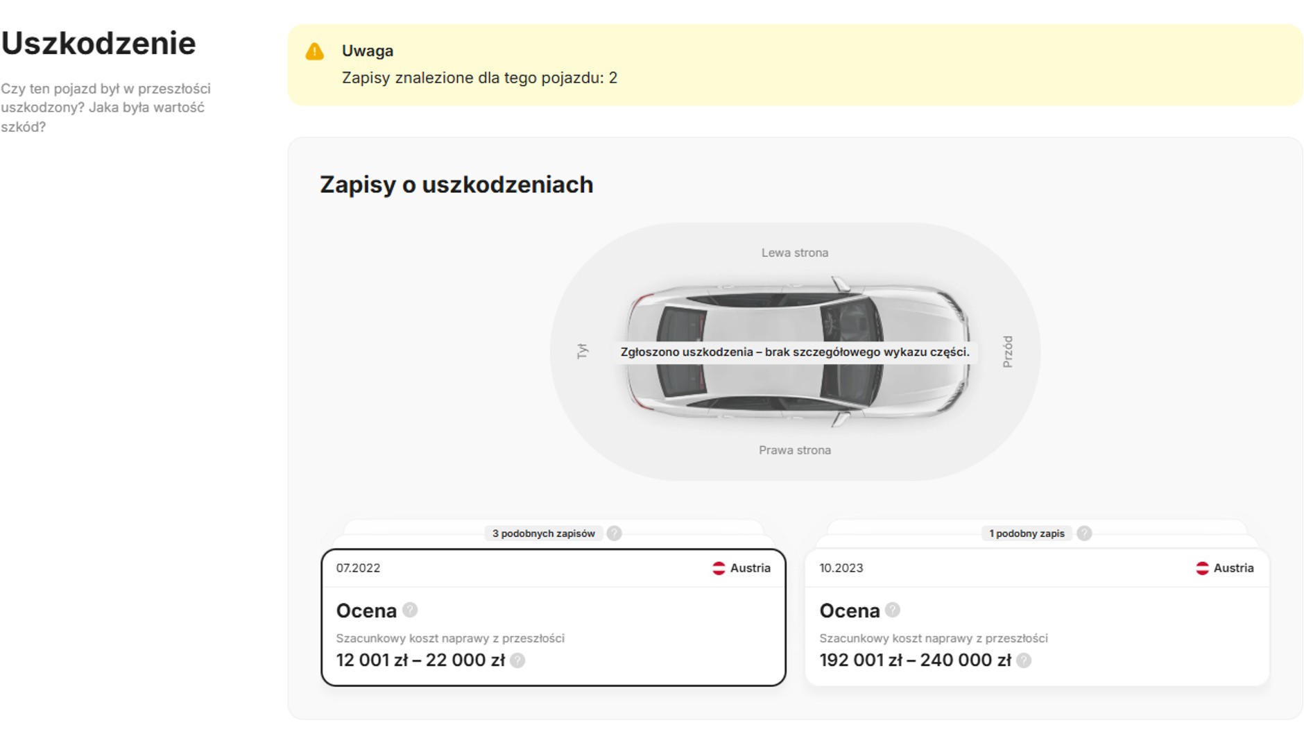 Raport historii samochodu po numerze rejestracyjnym